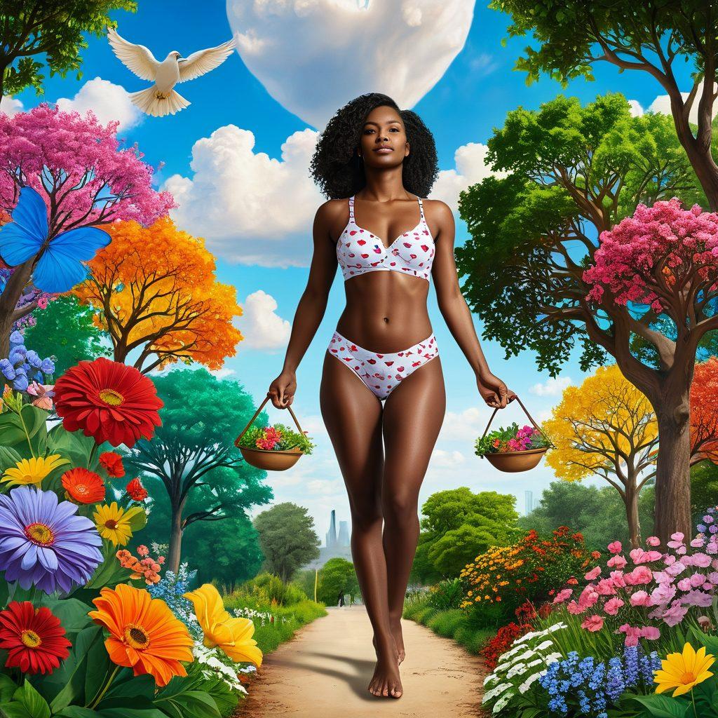 A woman confidently navigating a diverse landscape representing various aspects of women's health, including symbols of rights and choices like a scale of justice, a heart symbol for care, and diverse figures representing inclusivity. Surround her with vibrant natural elements like flowers and trees symbolizing growth and resilience. The sky should be bright and hopeful, suggesting a future of empowered health choices. super-realistic. vibrant colors. fluid shapes.