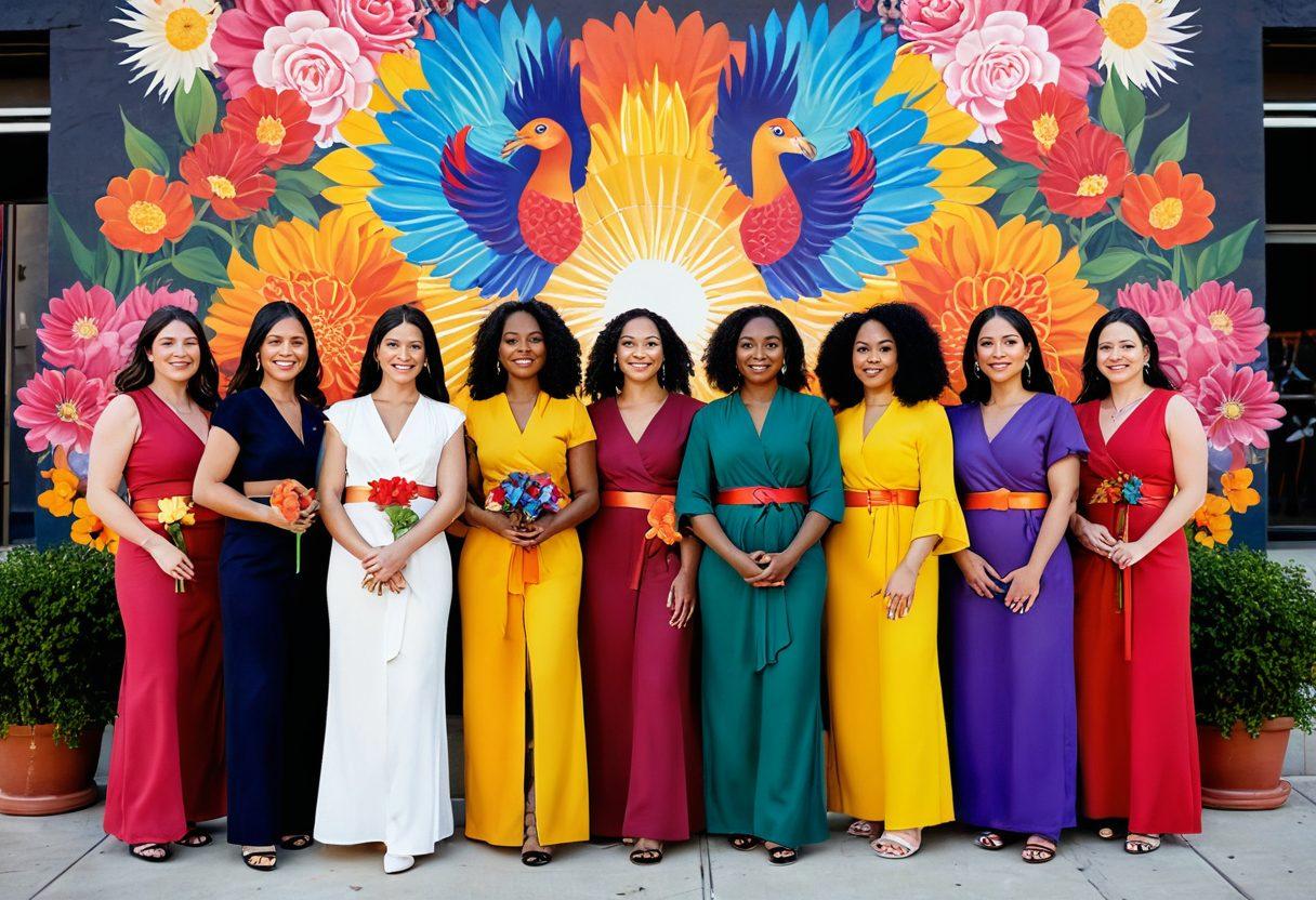 A powerful image depicting a diverse group of women of various ethnicities standing together, confidently holding symbols of reproductive health choices, like flowers and tablets. In the background, a vibrant mural of phoenixes representing rebirth and empowerment adds a spirited touch. Bright sunlight pours through the scene, symbolizing hope and future possibilities. The overall tone is uplifting and inspirational, promoting a sense of community. super-realistic. vibrant colors. 3D.